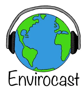 The logo of Envirocast, a cartoon globe wearing a headset
