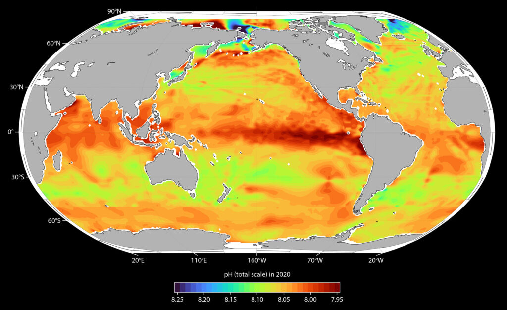 Global surface ocean pH on total scale in 2020. Modified from Jiang et al. (2023).