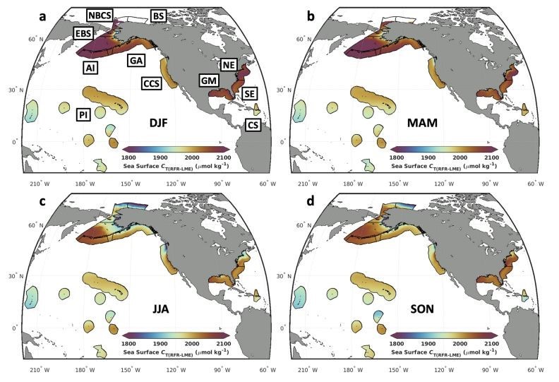 Figure. Example of a mapped data product: seasonal means of dissolved inorganic carbon [CT(RFR-LME)] in the Northern Hemisphere (a) winter (December-January-February), (b) spring (March-April-May), (c) summer (June-July-August), and (d) fall (September-October-November) over the period 1998–2022 within each U.S. LME.