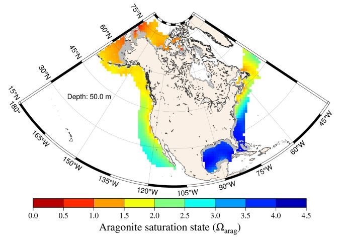 Figure. Example of a map of one of the OA indicators, namely, the aragonite saturation state at a depth of 50 m on the North American ocean margins. Recent research shows that calcifying organisms require values of Ωarag much greater than 1.0 to optimally produce shells or skeletons.