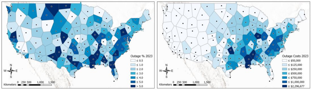 Figure. Example of (left panel) radar outage frequency and (right panel) radar outage cost estimates for the year 2023.