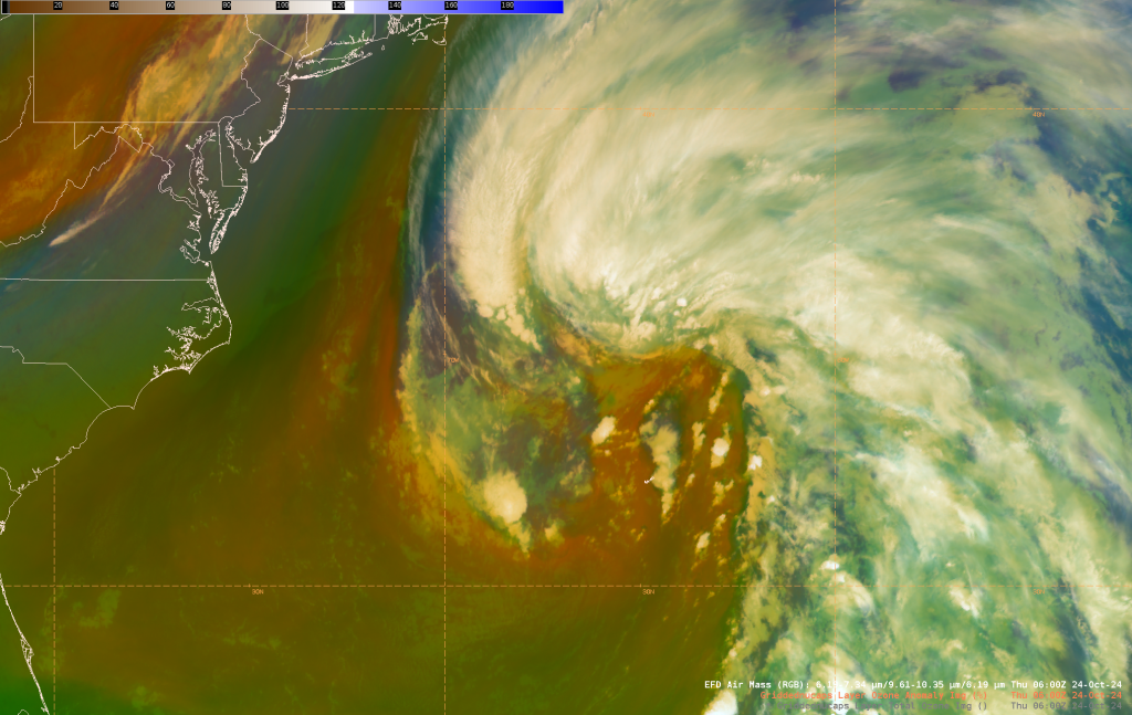 Figure 2: GOES-East Air Mass RGB imagery valid 0600 UTC 24 October 2024. This image was exported from AWIPS.