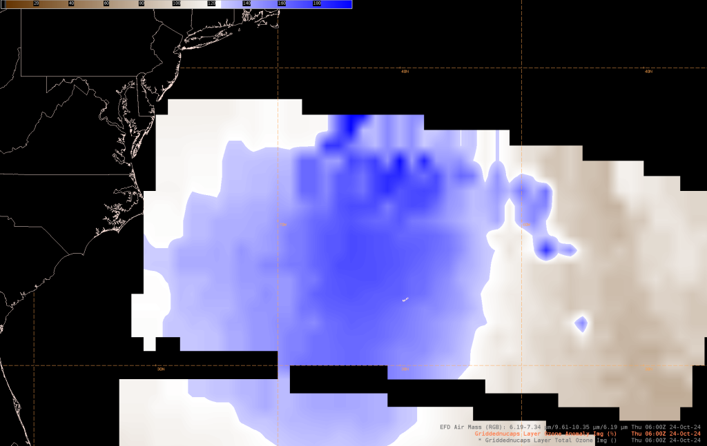 Figure 3: Gridded Nucaps Ozone Anomaly Percentage valid 0600 UTC 24 October 2024. This image was exported from AWIPS.