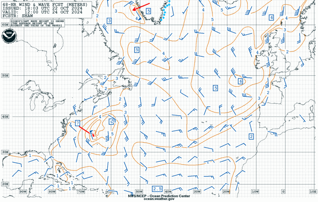 Figure 4: North Atlantic 48-hr Wind & Wave Forecast valid 1200 UTC 24 October 2024.