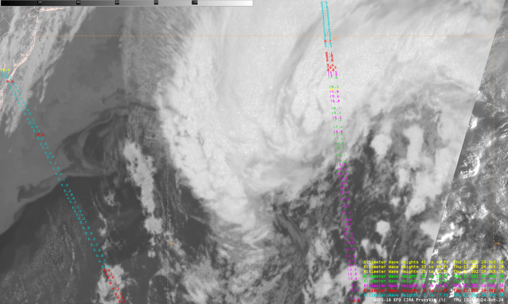 Figure 5: Cryosat-2/SIRAL significant wave heights approach 20 feet to the north of the extratropical cyclone circulation at 1030 UTC 24 October 2024. This image was exported from AWIPS.