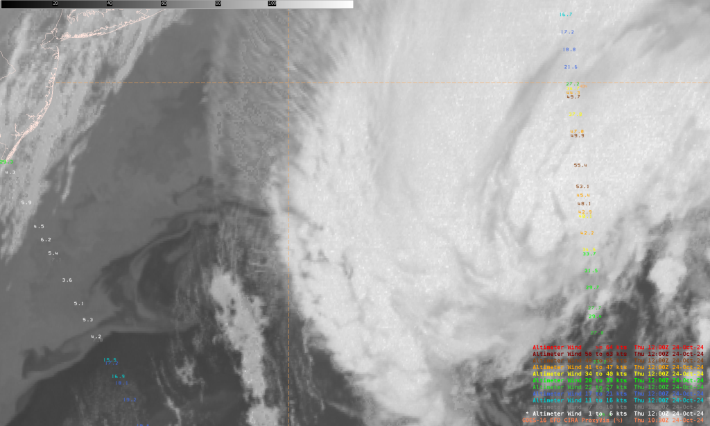 Figure 6: Cryosat-2/SIRAL wind speed observations valid 1030 UTC 24 October 2024. This image was exported from AWIPS.