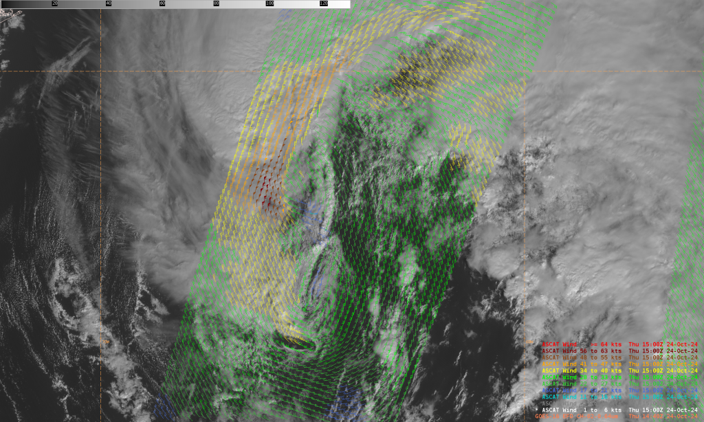 Figure 8: Metop-C ASCAT pass overlaid on GOES-East Visible Band 2 imagery valid 1440 UTC 24 October 2024. This image was exported from AWIPS.