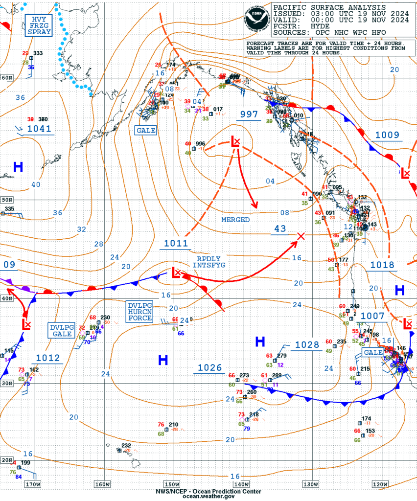 Figure 1: NWS Ocean Prediction Center (OPC) East Pacific Surface Analysis valid 0000 UTC 19 November and 0000 UTC 20 November 2024, showcasing the 24-hr drop in pressure.