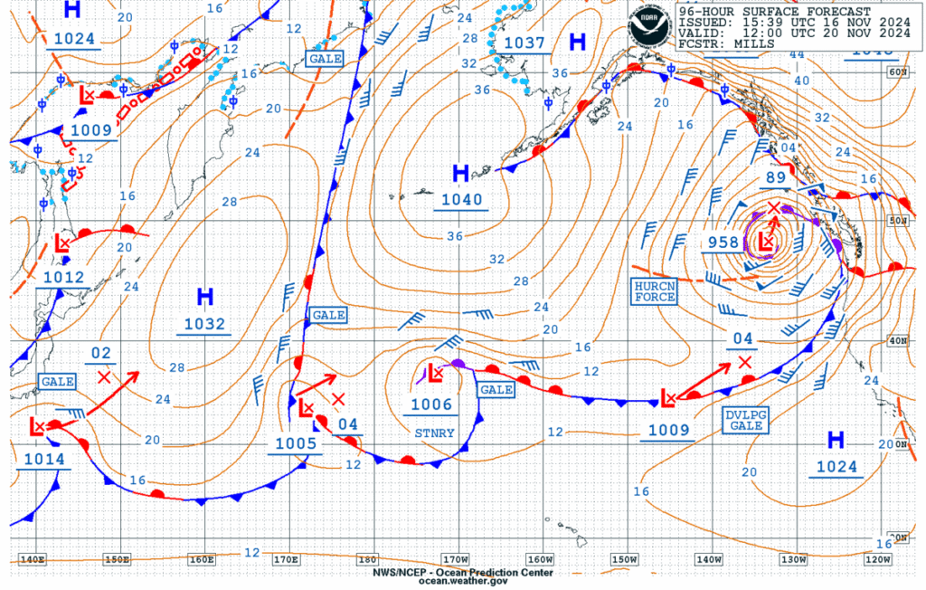 Figure 2: NWS OPC North Pacific 96 Hour Surface Forecast issued 1539 UTC 16 November, valid 1200 UTC 20 November 2024.