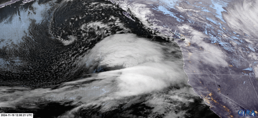 Figure 4: GOES-West Full Disk 10-minute GeoColor imagery valid 1200 UTC to 2000 UTC 19 November 2024. From CIRA Slider