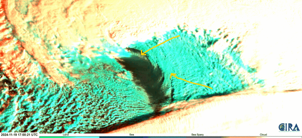 Figure 5: GOES-West Sea Spray RGB imagery valid 1700 UTC to 1800 UTC 19 November 2024. From CIRA Slider