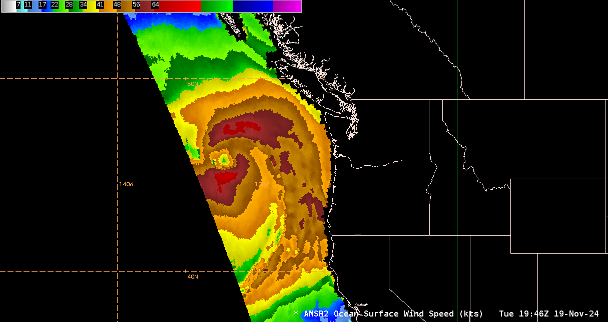 Figure 6: GCOM-W/AMSR2 Microwave Radiometer winds valid 1946 UTC 19 November 2024. This image was exported from AWIPS.