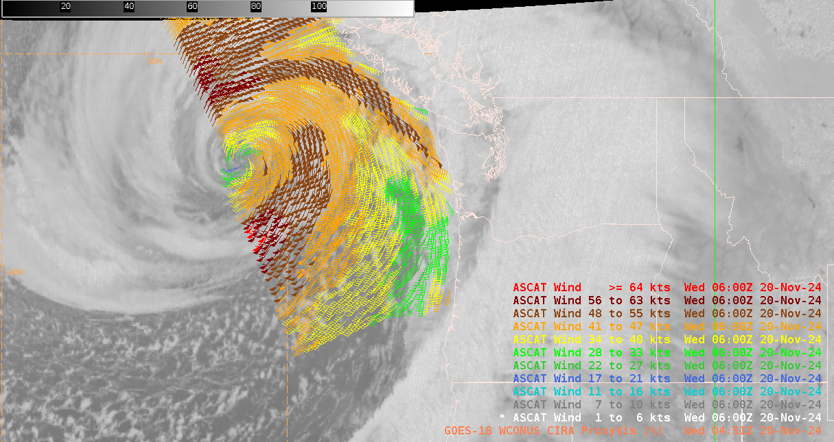 Figure 7: Metop-B/ASCAT pass valid ~0450 UTC 20 November 2024 overlaid on GOES-West Proxyvis imagery. This image was exported from AWIPS.