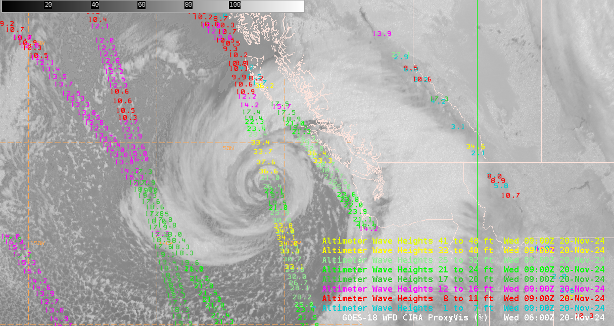 Figure 8: Sentinel-3B pass overlaid on GOES-West Full Disk Proxyvis imagery valid ~0600 UTC 20 November 2024. This image was exported from AWIPS.