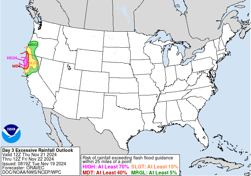 Figure 9: NWS WPC Day 3 ERO Forecast, issued 0819 UTC 19 November 2024, valid 1200 UTC 21 November through 1200 UTC 22 November 2024.