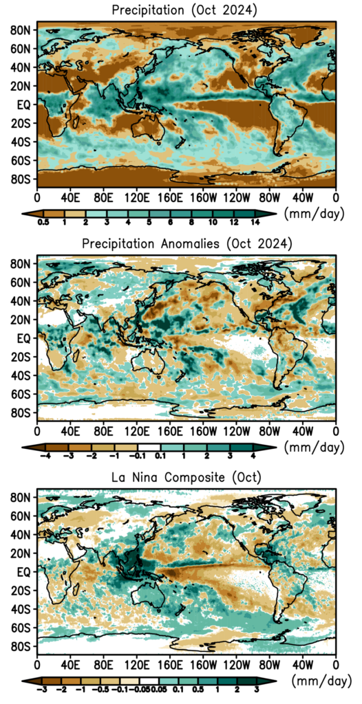 Figure 1. Monthly precipitation and anomalies in October 2024 and La Nina composite for August.