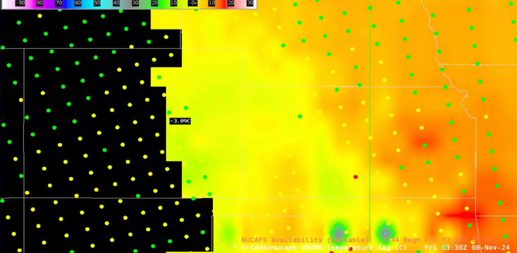 Figure 2: Gridded NUCAPS 850 mb temperatures valid ~0330 UTC 08 November 2024, with NUCAPS Sounding Availability overlaid to show the quality of data. This image was exported from AWIPS.