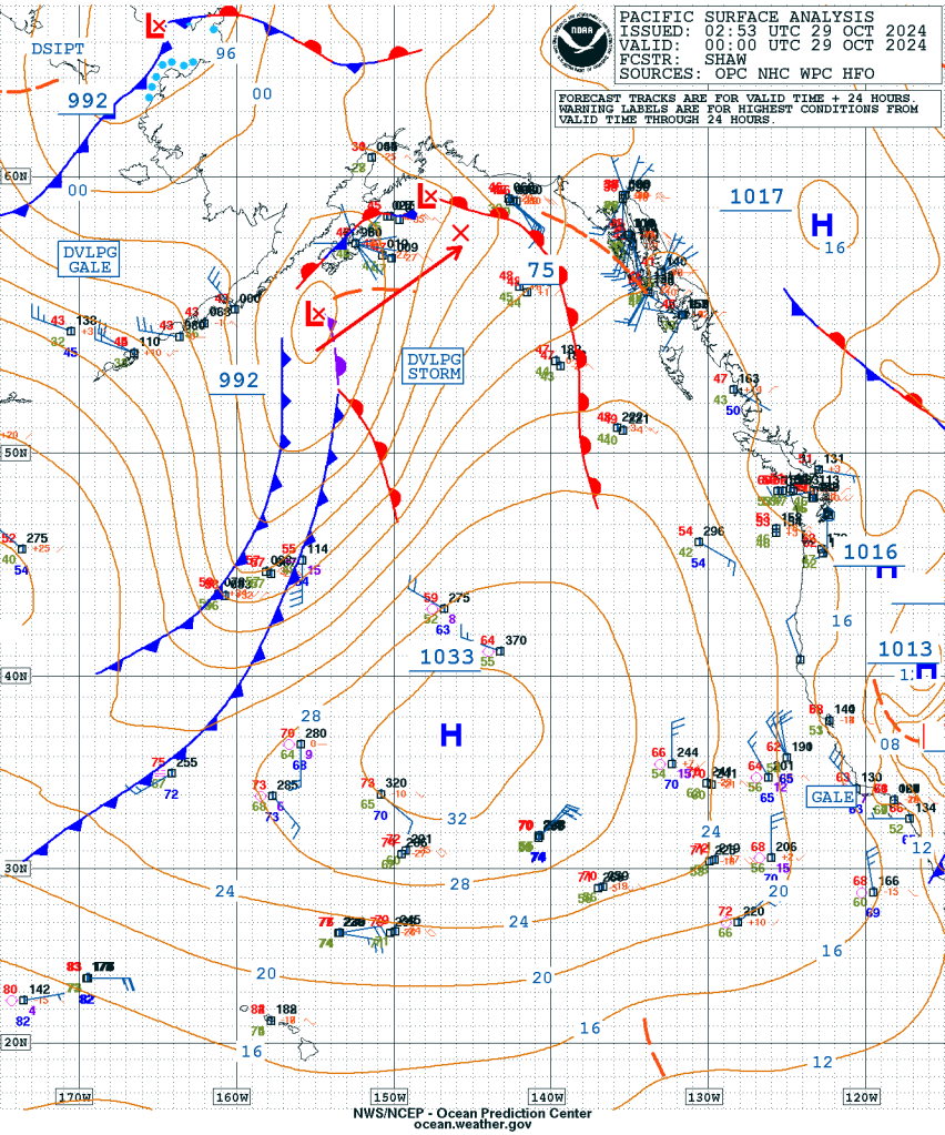 Figure 1: NWS OPC Surface Analysis valid 0000 UTC 29 October 2024.