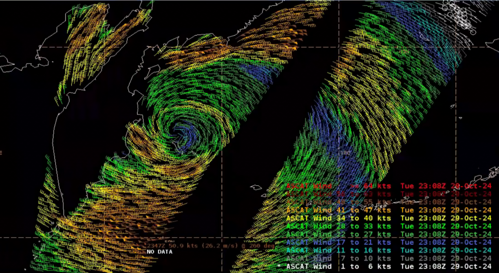 Figure 11: Metop-B/ASCAT pass valid 2347 UTC 29 October 2024. This image was exported from AWIPS.