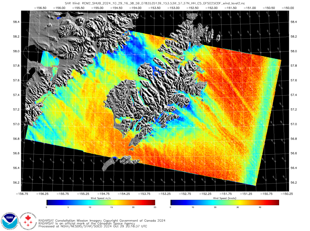 Figure 4: RCM-2 SAR Imagery valid ~1649 29 October 2024. RADARSAT Constellation Mission Imagery Copyright Government of Canada 2024. RADARSAT is an official mark of the Canadian Space Agency. Credit: NESDIS/STAR