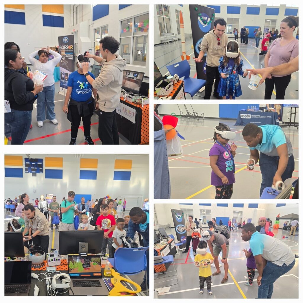 Figure 2: Damian and Samuel guiding students through hands-on VR experiences, demonstrating interactive educational modules on lightning safety and atmospheric science.