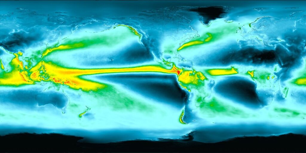 Earth’s rainy days are changing and plant life is responding. This visualization shows average precipitation for the entire globe based on more than 20 years of data from 2000 to 2023. Cooler colors indicate areas that receive less rain. Warm colors receive more rain. NASA’s Scientific Visualization Studio