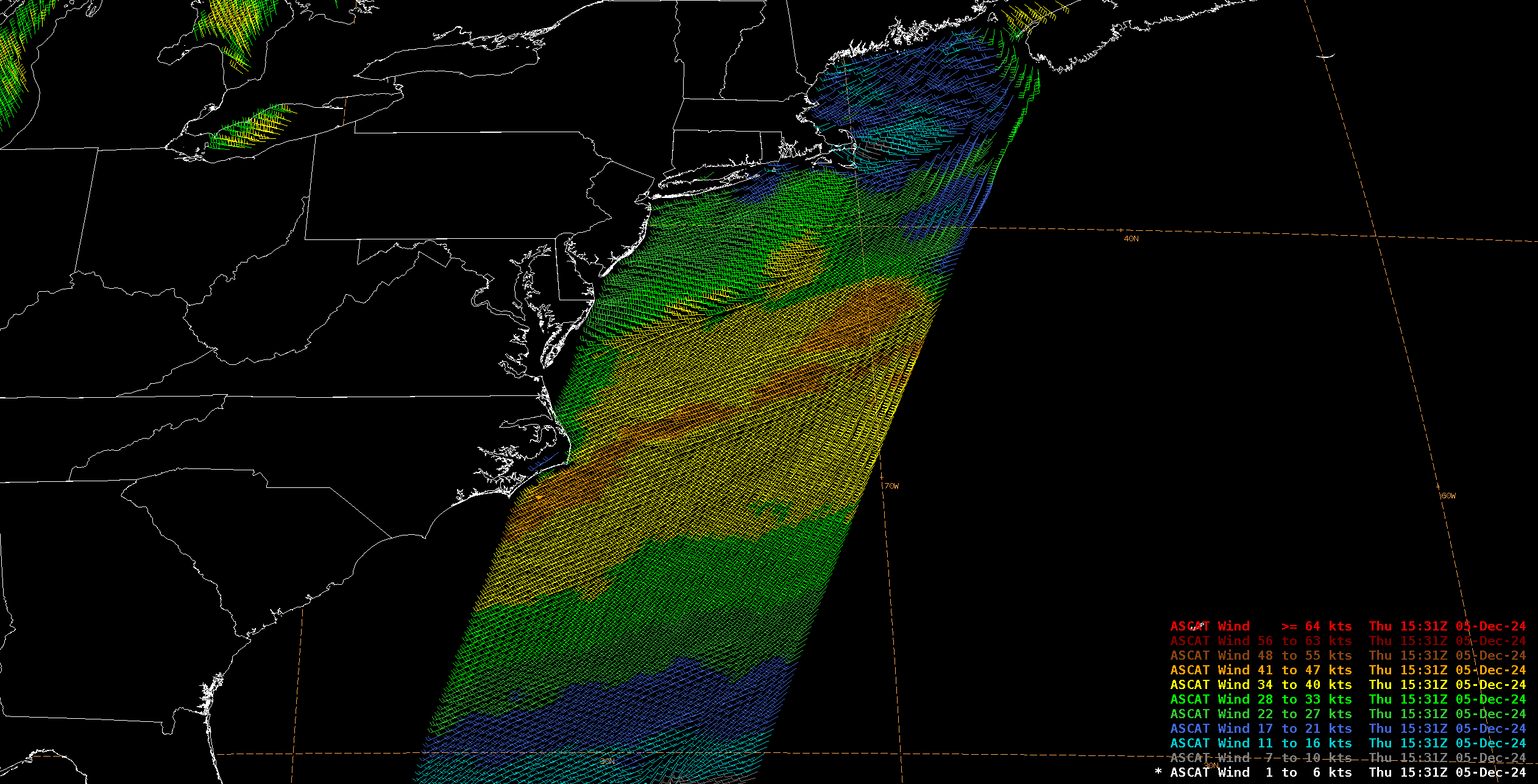 Figure 9: NWS OPC West Atlantic Surface Analysis valid 1200 UTC 05 December 2024. Figure 10: Metop-C/ASCAT pass valid ~1515 UTC 05 December 2024. This image was exported from AWIPS. Credit: NWS OPC Lead Marine Forecater, Tim Collins.