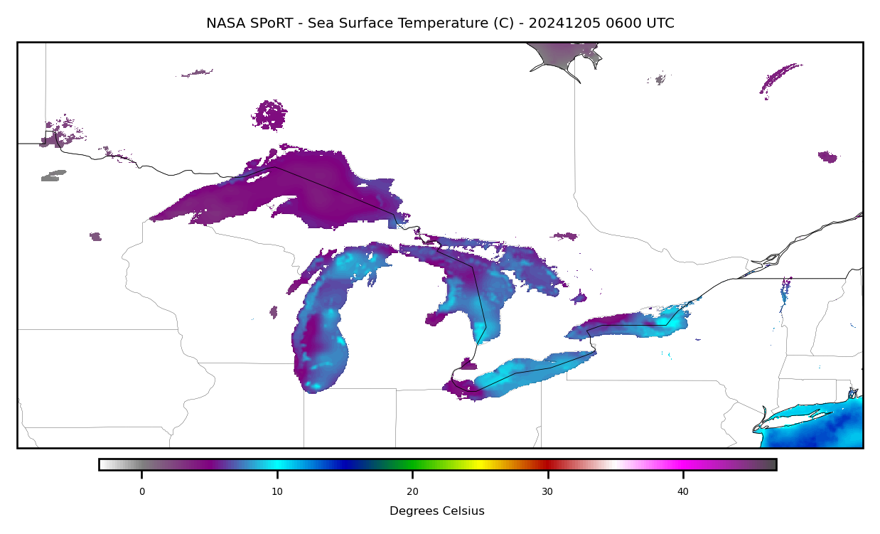 Figure 7: NASA SPoRT Great Lakes SST Composite valid 0600 UTC 05 December 2024. Credit: NASA SPoRT