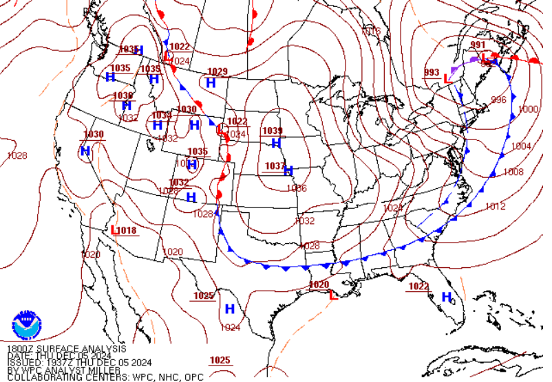 Figure 8: NWS WPC Surface Analysis valid 1800 UTC 05 December 2024.