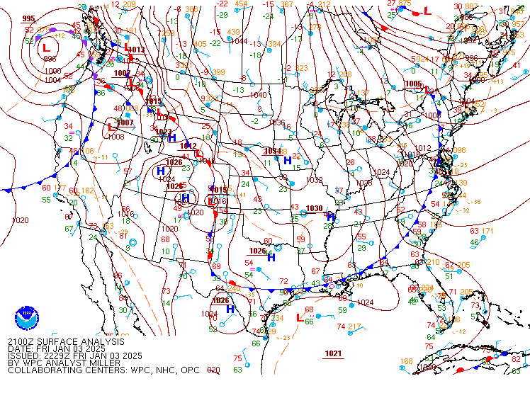 Figure 1: NWS Weather Prediction Center (WPC) Surface Analysis valid 2100 UTC 03 January 2025.