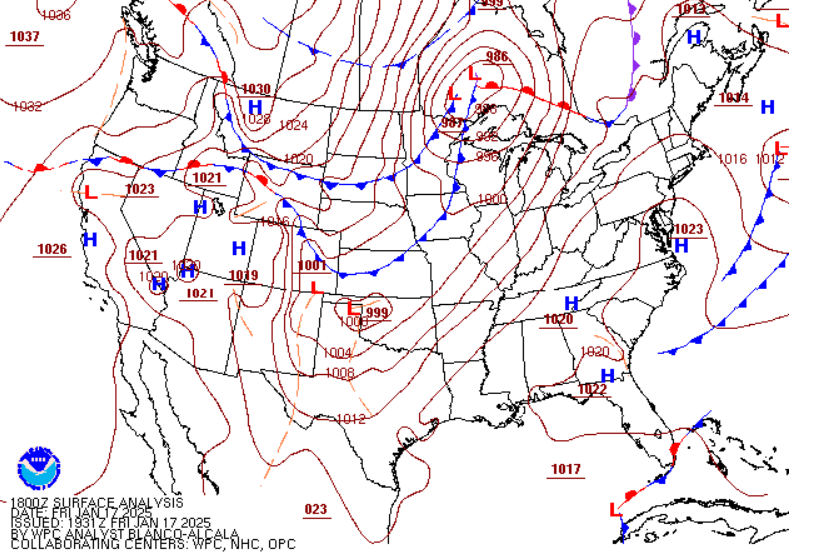 Figure 1: NWS WPC Surface Analysis valid 1800 UTC 17 January 2025.