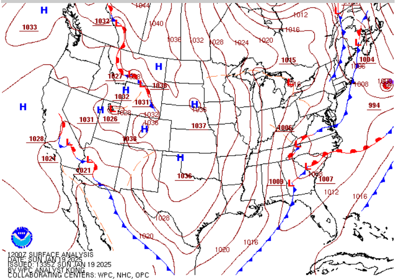 Figure 2: NWS WPC Surface Analysis valid 1200 UTC 19 January 2025.