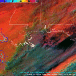 Figure 6: GOES-East CONUS DCPD RGB overlaid with LightningCast and GLM FED from ~1430 to 1730 UTC 21 January 2025. This animation was created in AWIPS, and display files can be shared upon request.