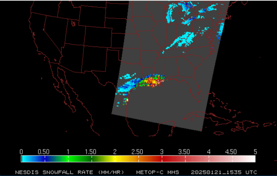 Figure 7: Metop-C MHS NESDIS SFR output at 1535 UTC 21 January 2025. Image courtesy of Sheldon Kusselson (CIRA), taken from NASA SPoRT.