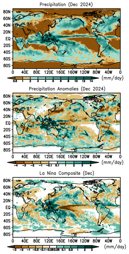 Figure 1. Monthly precipitation and anomalies in December 2024 and La Nina composite for December.