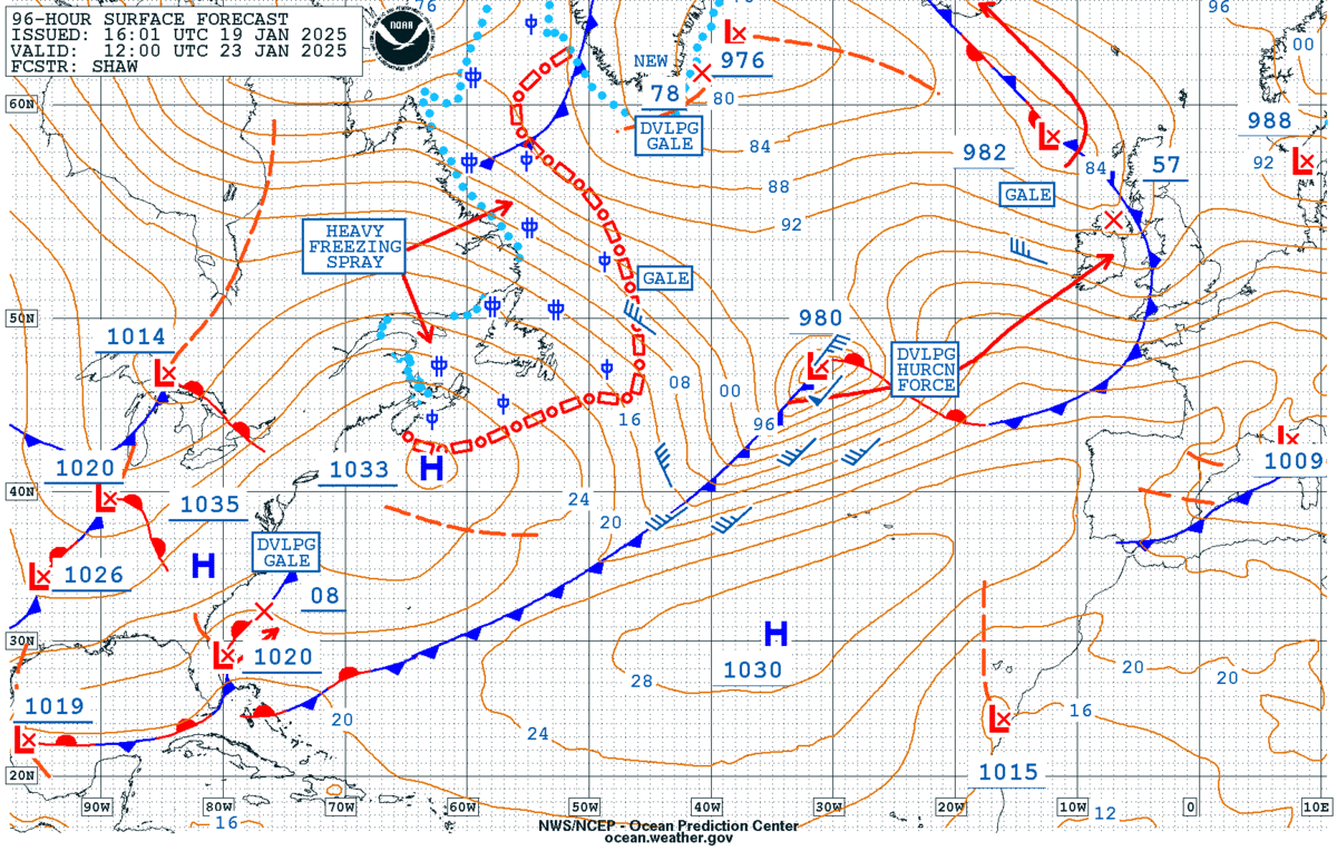 Figure 1: NWS OPC 96-Hour Surface Forecast issued 1601 UTC 19 January, valid for 1200 UTC 23 January 2025.