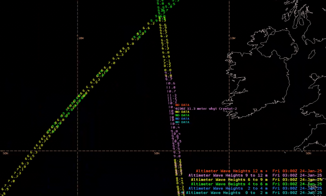 Figure 4: Cryosat-2 altimeter pass valid at 0230 UTC 24 January 2025. This image was exported from AWIPS.