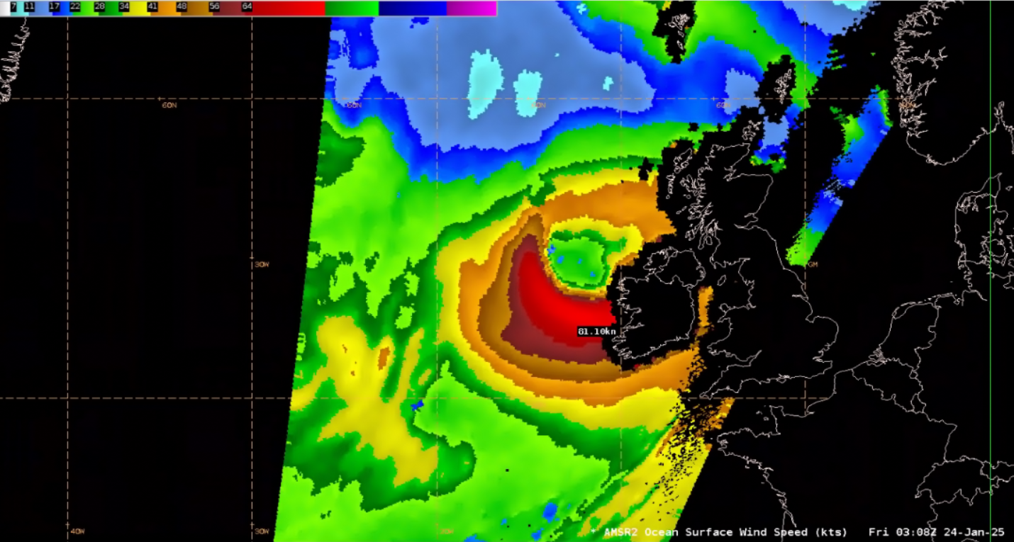 Figure 5: GCOM-W/AMSR2 Ocean Surface Wind Speeds valid ~0308 UTC 24 January 2025. This image was exported from AWIPS. Figure 6: NWS OPC Surface Analysis valid 0600 UTC 24 January 2025.