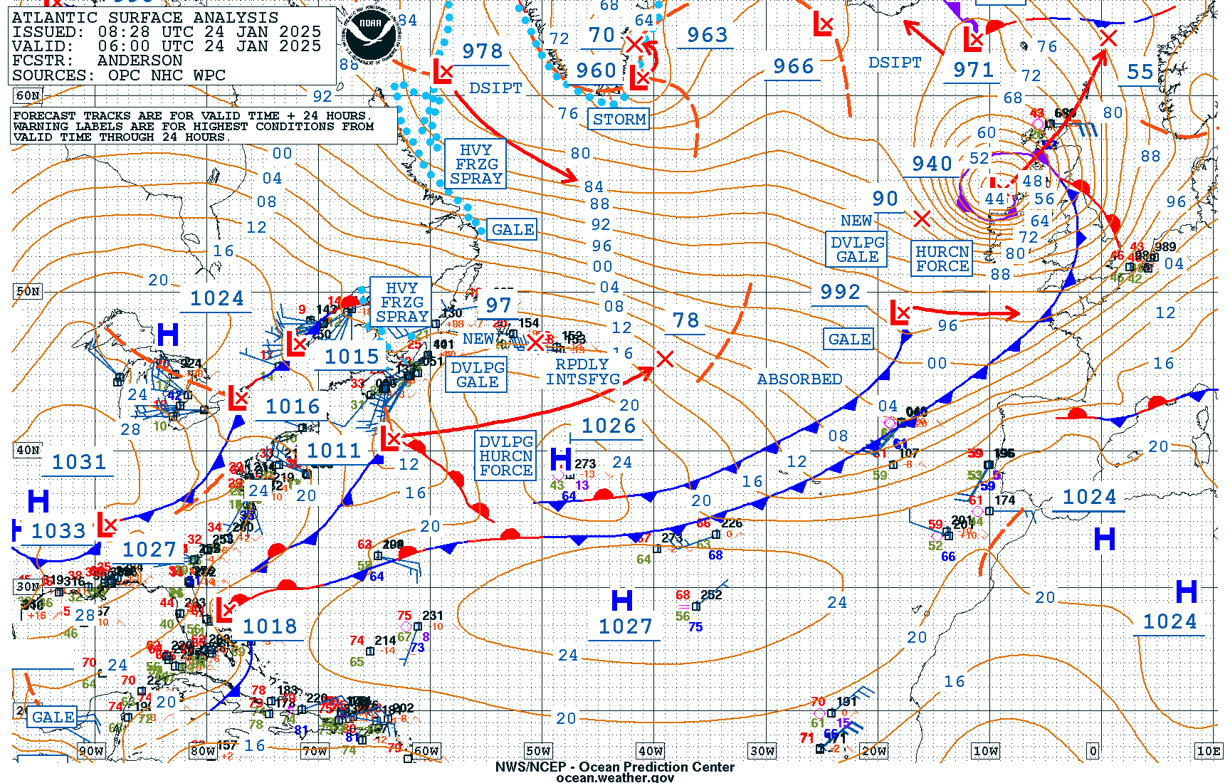 Figure 6: NWS OPC Surface Analysis valid 0600 UTC 24 January 2025.