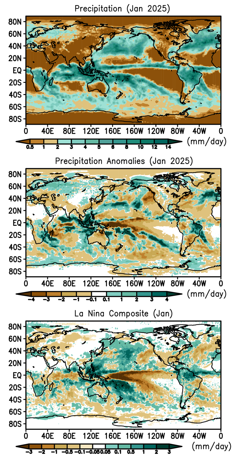 Figure 1. Monthly precipitation and anomalies for January 2025 and La Nina composite for January.