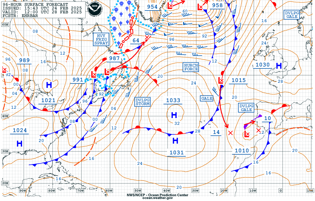 Figure 10: NWS OPC North Atlantic 96-Hour Surface Forecast, issued at 1543 UTC 24 February, valid at 1200 UTC 28 February 2025.