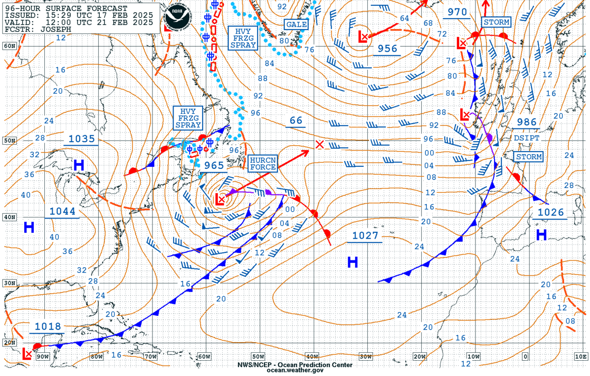 Figure 1: NWS OPC 96-Hour Surface Forecast (left) issued at 1529 UTC 17 February, valid for 1200 UTC 21 February 2025, and NWS OPC Atlantic Surface Analysis (right) valid at 1200 UTC 21 February 2025.