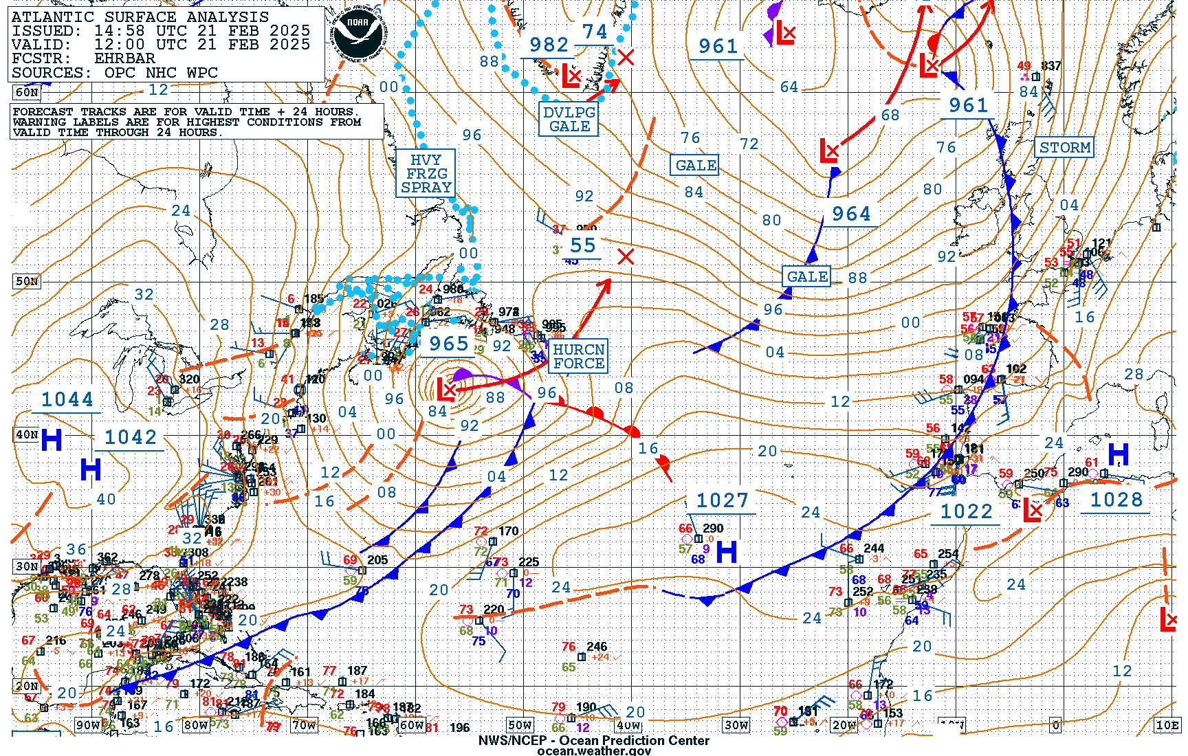 Figure 1: NWS OPC 96-Hour Surface Forecast (left) issued at 1529 UTC 17 February, valid for 1200 UTC 21 February 2025, and NWS OPC Atlantic Surface Analysis (right) valid at 1200 UTC 21 February 2025.