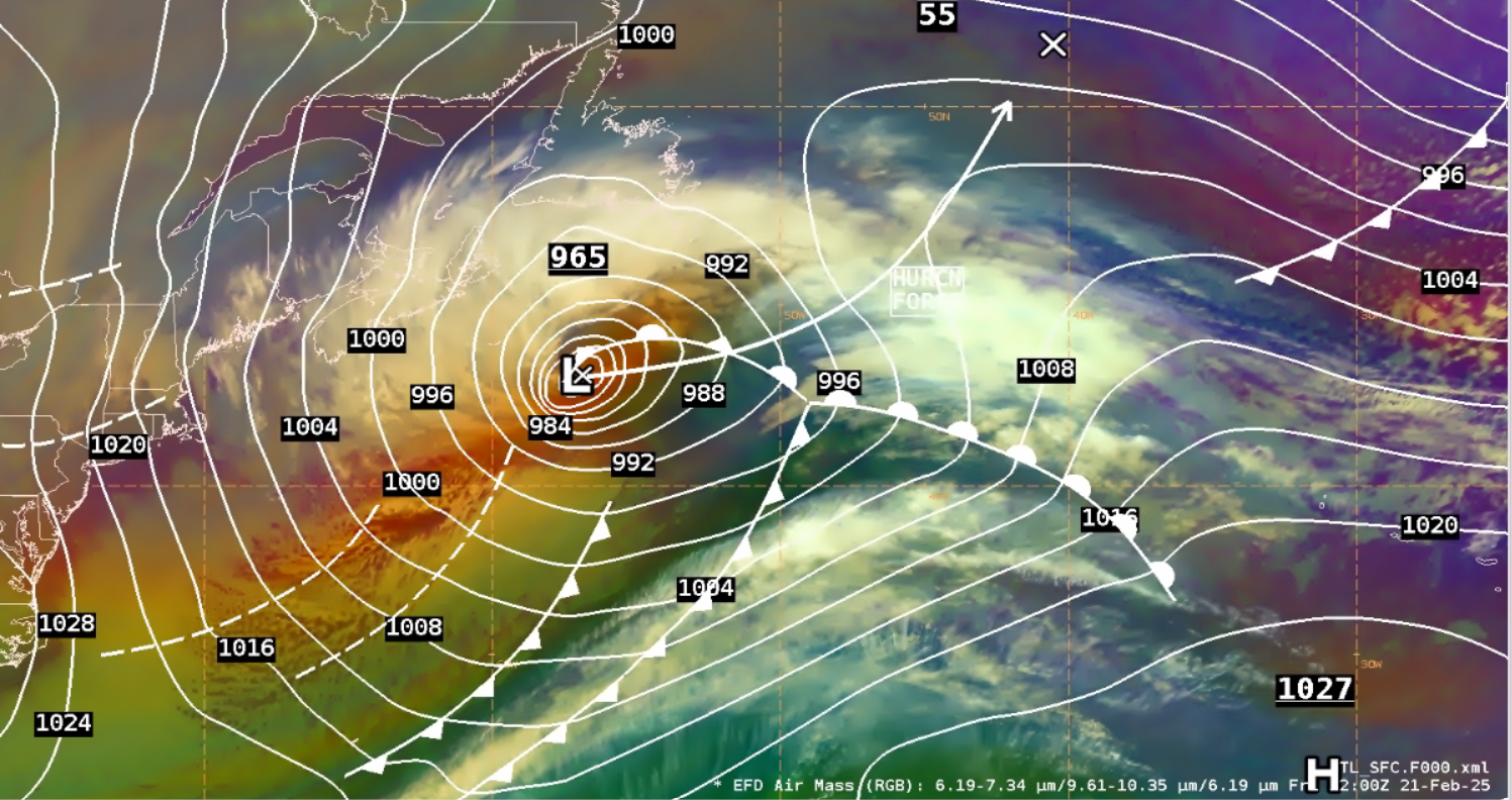 Figure 3: NWS OPC Atlantic Surface Analysis at 1200 UTC 21 February 2025, overlaid on GOES-East Air Mass RGB imagery. This image was exported from AWIPS.