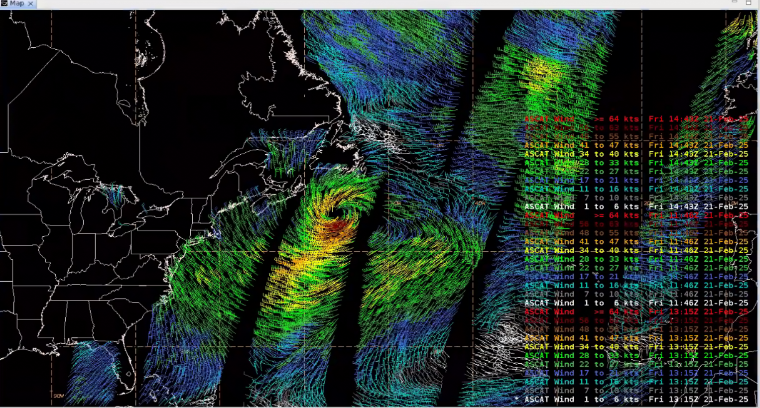 Figure 4: A composite of Metop-B & Metop-C ASCAT passes from ~1224 to ~1500 UTC 21 February 2025. This image was exported from AWIPS.