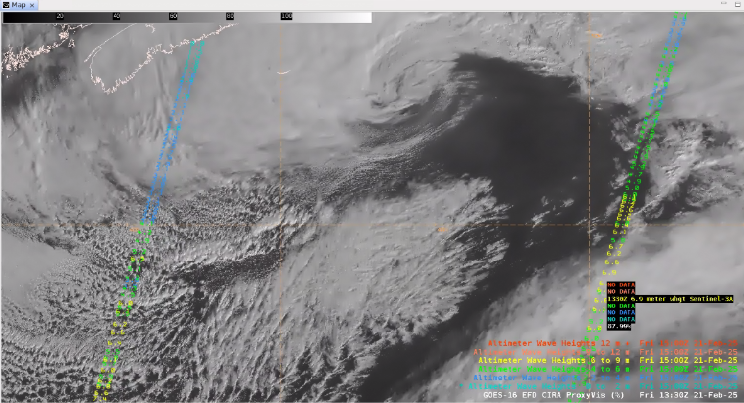 Figure 5: Sentinel-3a/SIRAL observations (right side of image) overlaid on GOES-East Proxyvis imagery at 1330 UTC 21 February 2025. This image was exported from AWIPS.