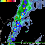 Figure 6: GREMLIN output at 1920 UTC, with GLM FED output at 1929 UTC 05 March 2025. In general, higher relfectivity values are located near areas with more lightning. This image was exported from AWIPS.