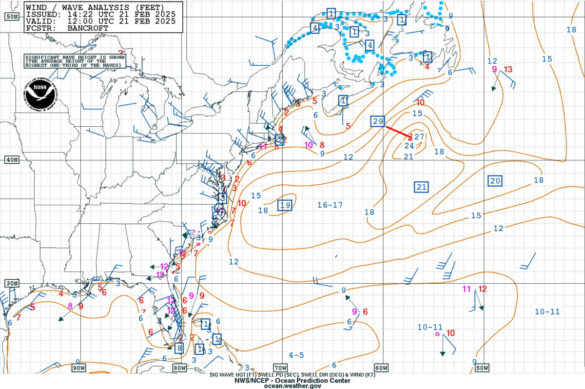 Figure 6: NWS OPC Wind/Wave Analysis (Feet) for the Western Atlantic, valid at 1200 UTC 21 February 2025.