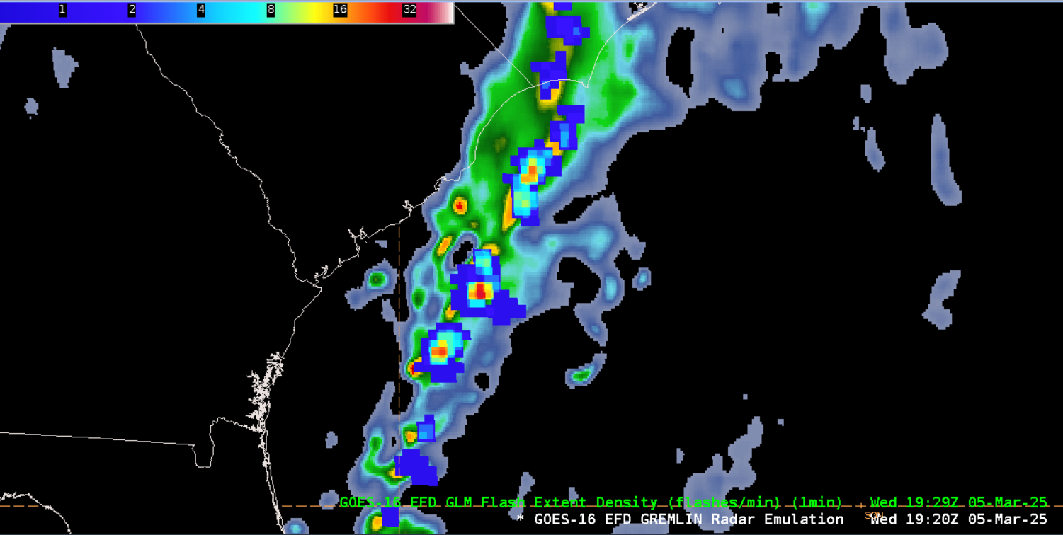 Figure 6: GREMLIN output at 1920 UTC, with GLM FED output at 1929 UTC 05 March 2025. In general, higher relfectivity values are located near areas with more lightning. This image was exported from AWIPS.