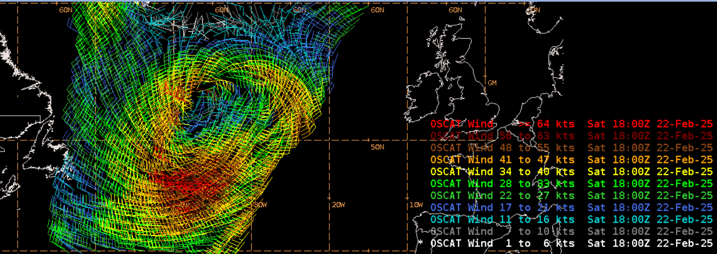 Figure 7: OceanSat-3/OSCAT wind observations at ~1518 UTC 22 February 2025. This image was exported from AWIPS.